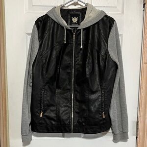 Lock & Love Faux Leather Moto Jacket with Hooded Insert Zip Up